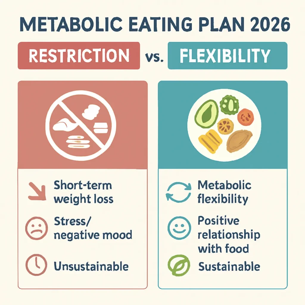 metabolic eating plan 2026 comparison showing restrictive dieting versus flexible balanced nutrition approach